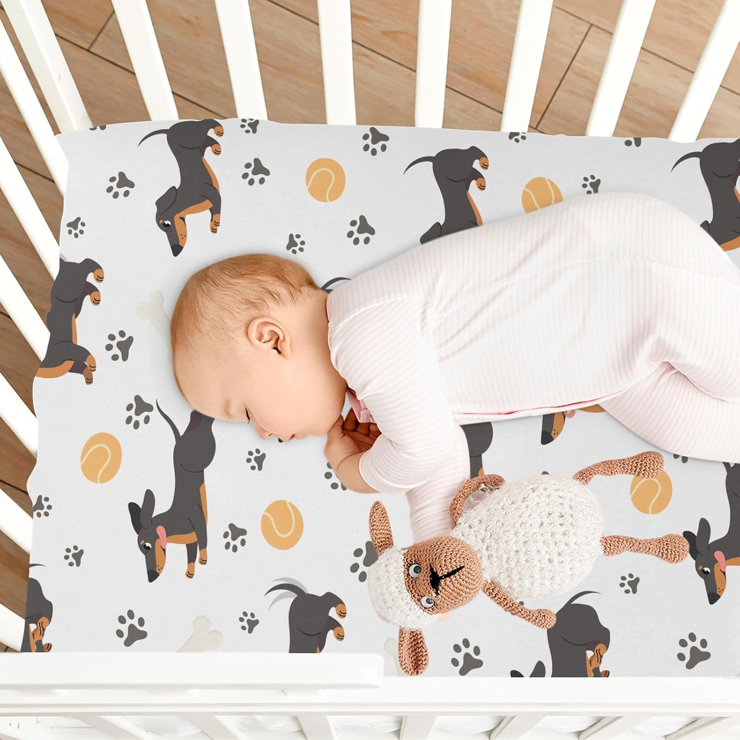Fitted Crib Sheets Dachshund with Dog Paws Stretchy Portable Playard Sheets for Baby Toddler, Breathable Soft Mini Crib Mattress 39 x 27 in for Boys and Girls