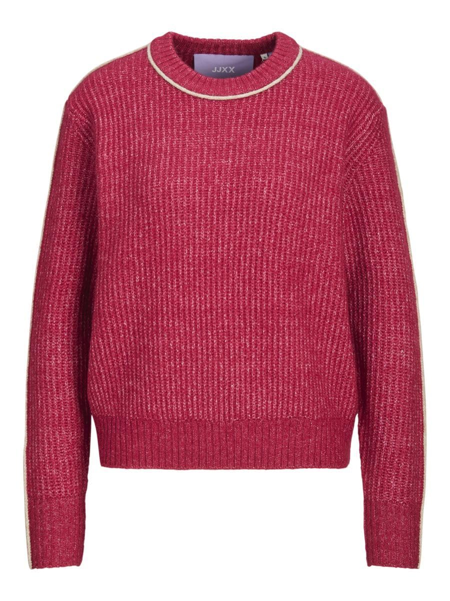 JJXX A/S Jxleonora Women's Various Ribbed Crew Neck Knitted Jumper, Cerise/Detail:/Peyote Piping, M, Cerise/Detail:/Peyote Piping, M