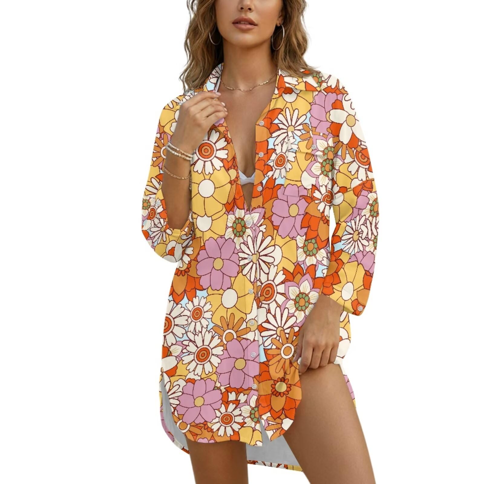 Salida de baño con botones para mujer, salida de baño de longitud media con bolsillo, S-3XL