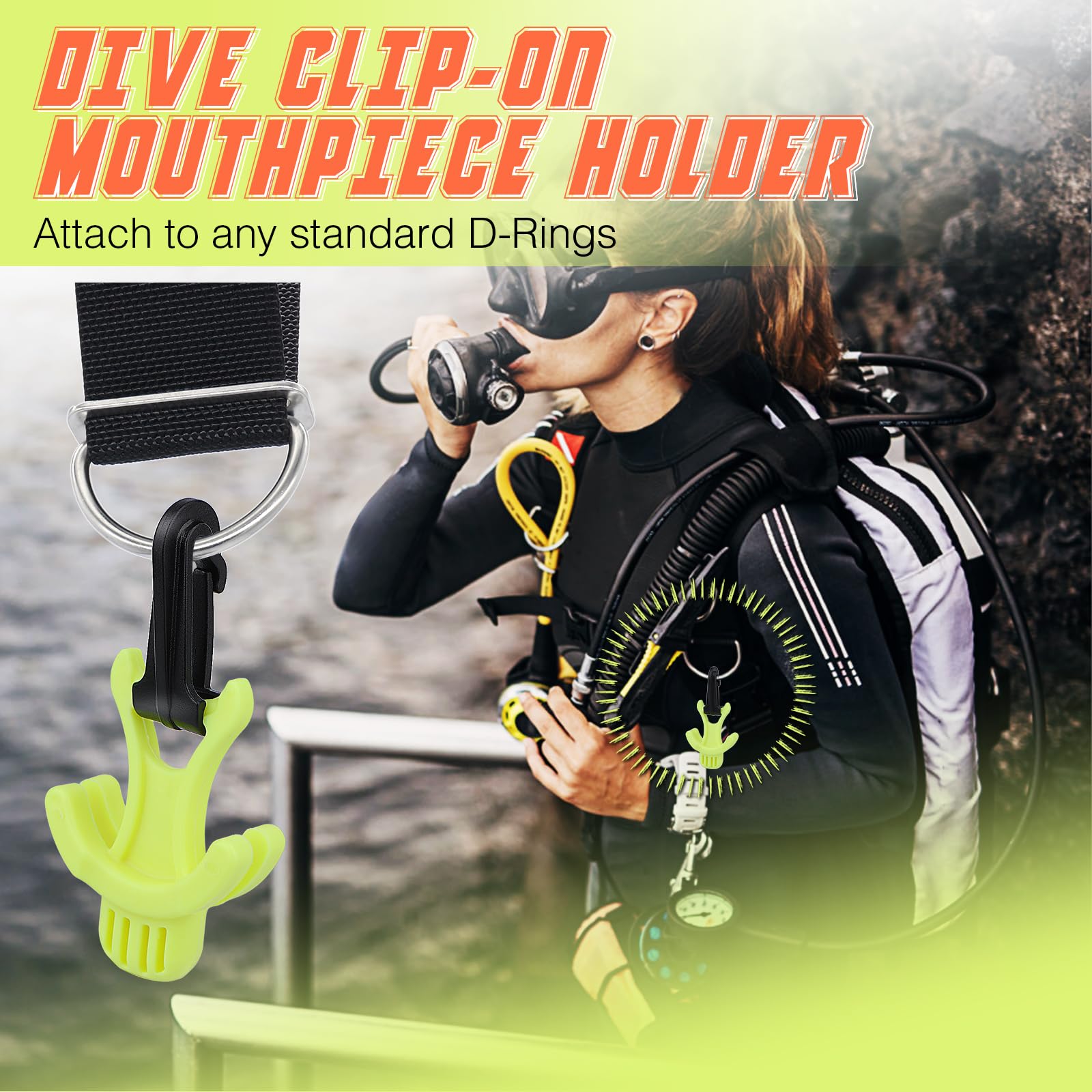 OVOVFANY Scuba Octo Plug, 2Pack Diving Regulator Octopus Retainer Mouthpiece Holder with Black Plastic Clip (Yellow)