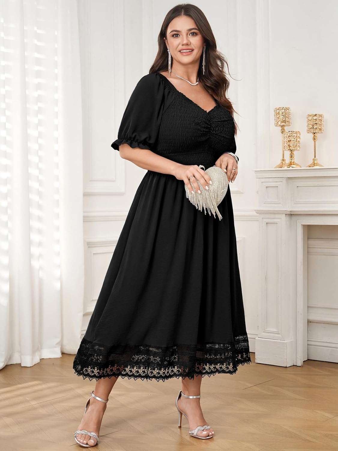 Plus Size Smocked Milkmaid Maxi Dress for Curvy Women Puff Sleeve Wedding Guest Summer Dresses Lace Trim - Image 4