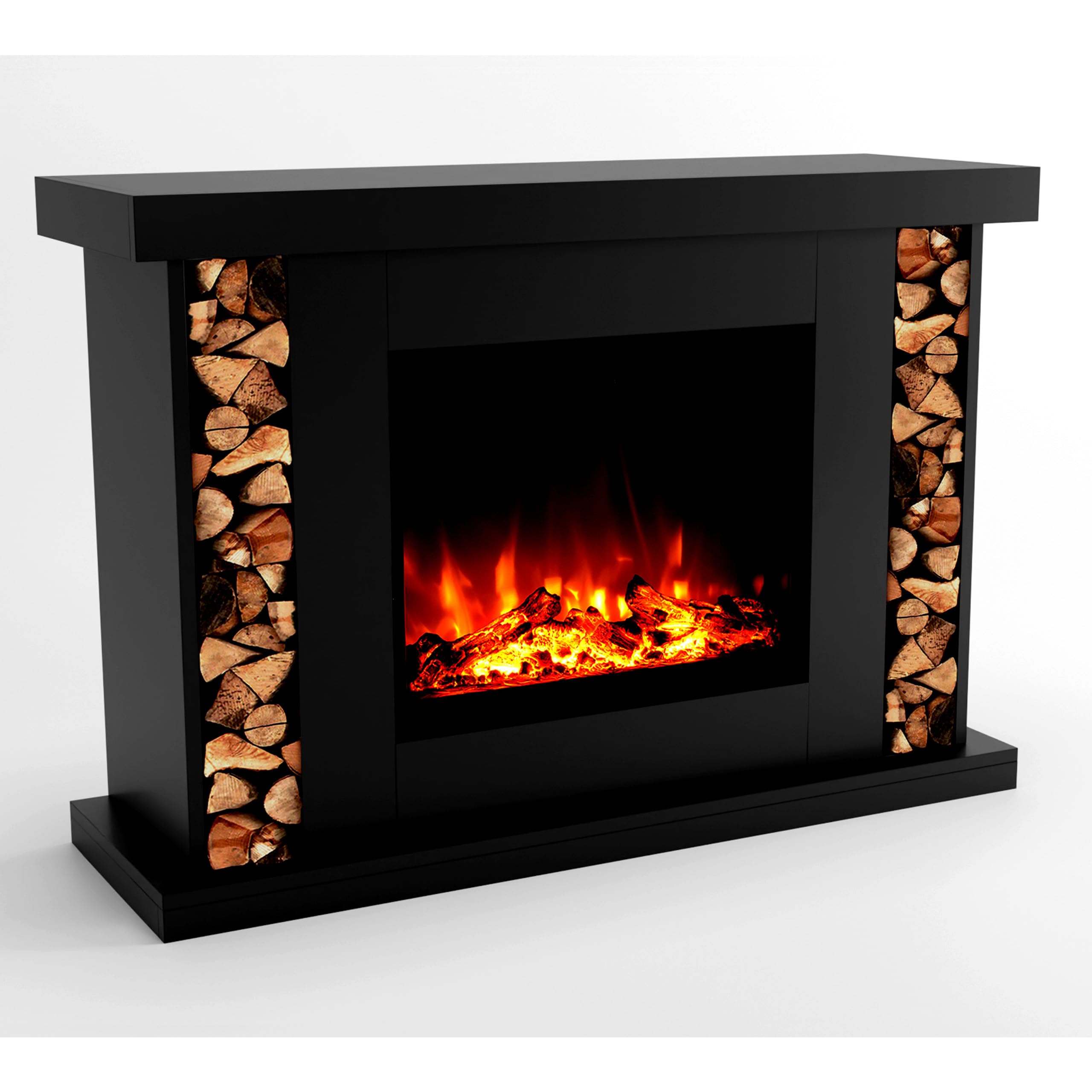 GLOW FIRE Wolnostojący kominek TARVOS - Kominek elektryczny z grzałką, płomień LED w 3 kolorach, nawiew, dekoracja drewniana, pilot, 120x84x38 cm, Czarny