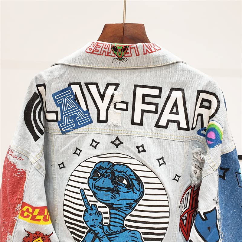 Punk Style Graffiti Letters Printing Denim Jacket Women Hip Hop Jean Coats,One Size4