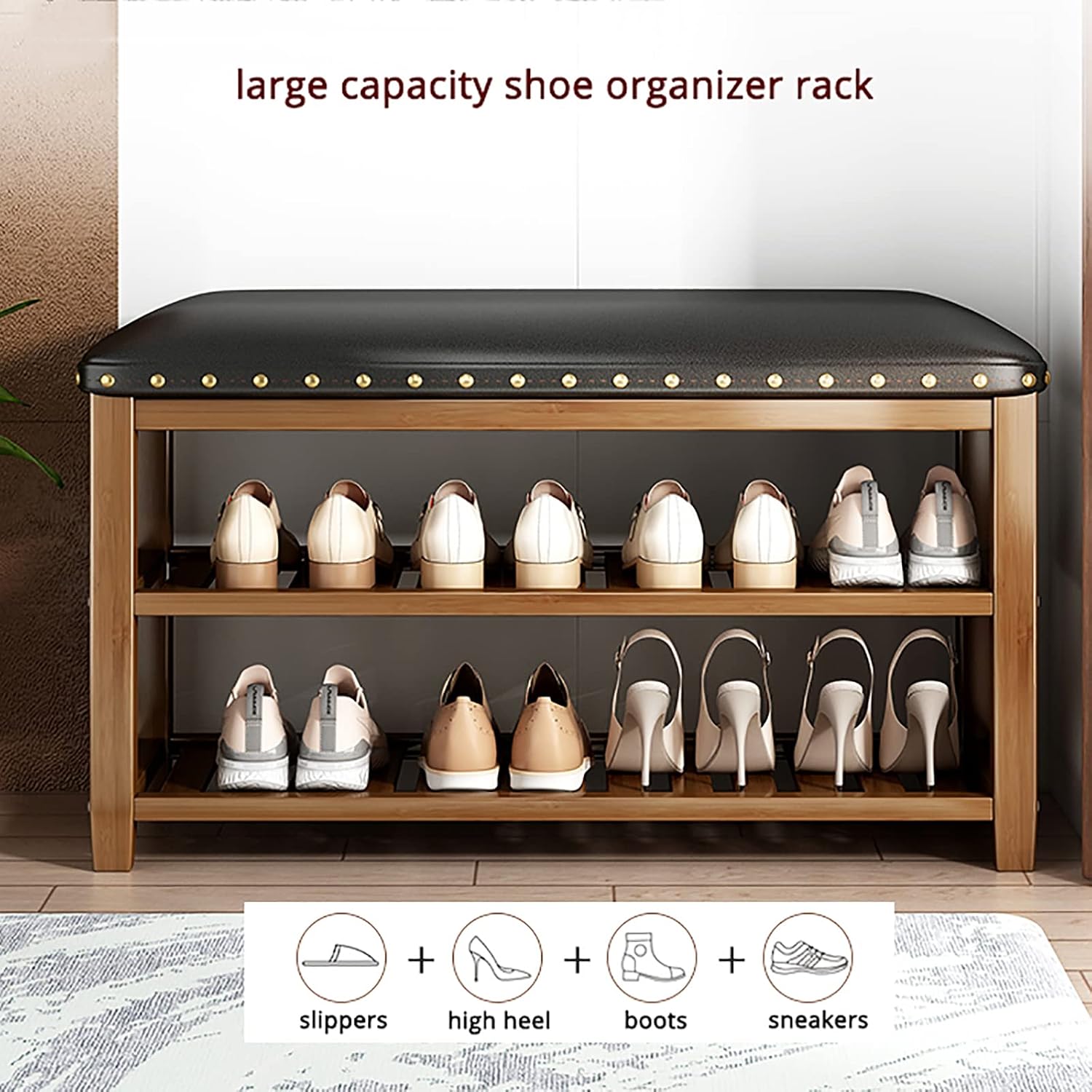 Bamboo Shoe Rack Bench,Rustic Entryway Bench Shoe Storage Bench with Leather Seating,2-Tier Shoe Bench Shoe Organizer UPHOLSTERED Bench-Brown 80x29x49cm(31x11x19inch)