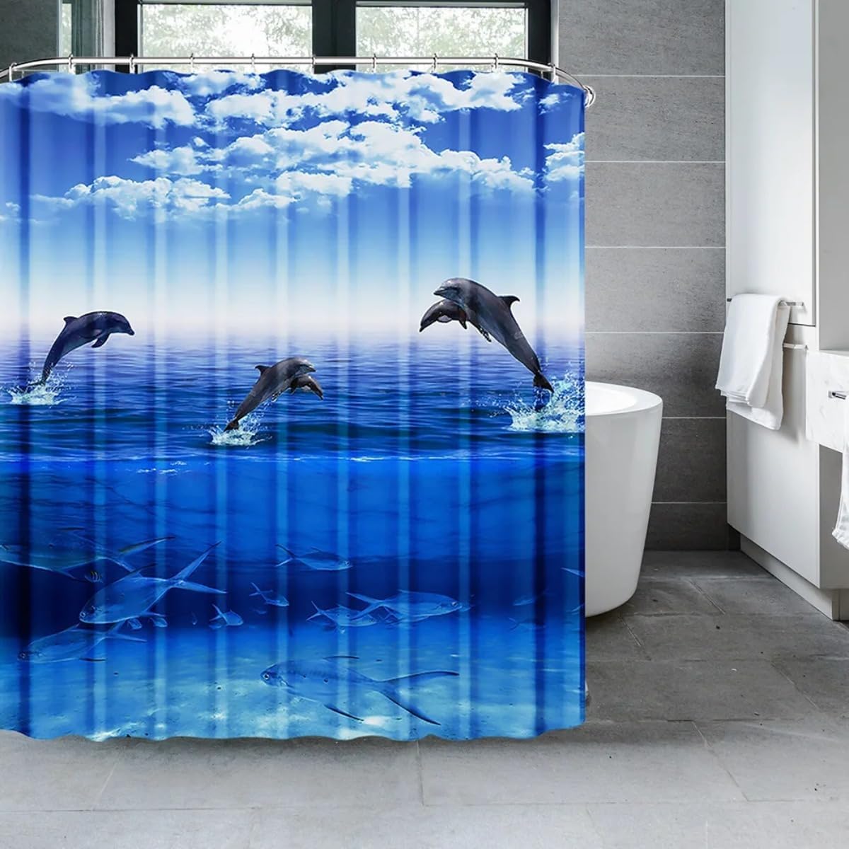 Dolphin Shower Curtain, Blue Underwater World Marine Life, Polyester Fabric, Kids Ocean Theme, 12 Hooks (C, W180xH180cm)