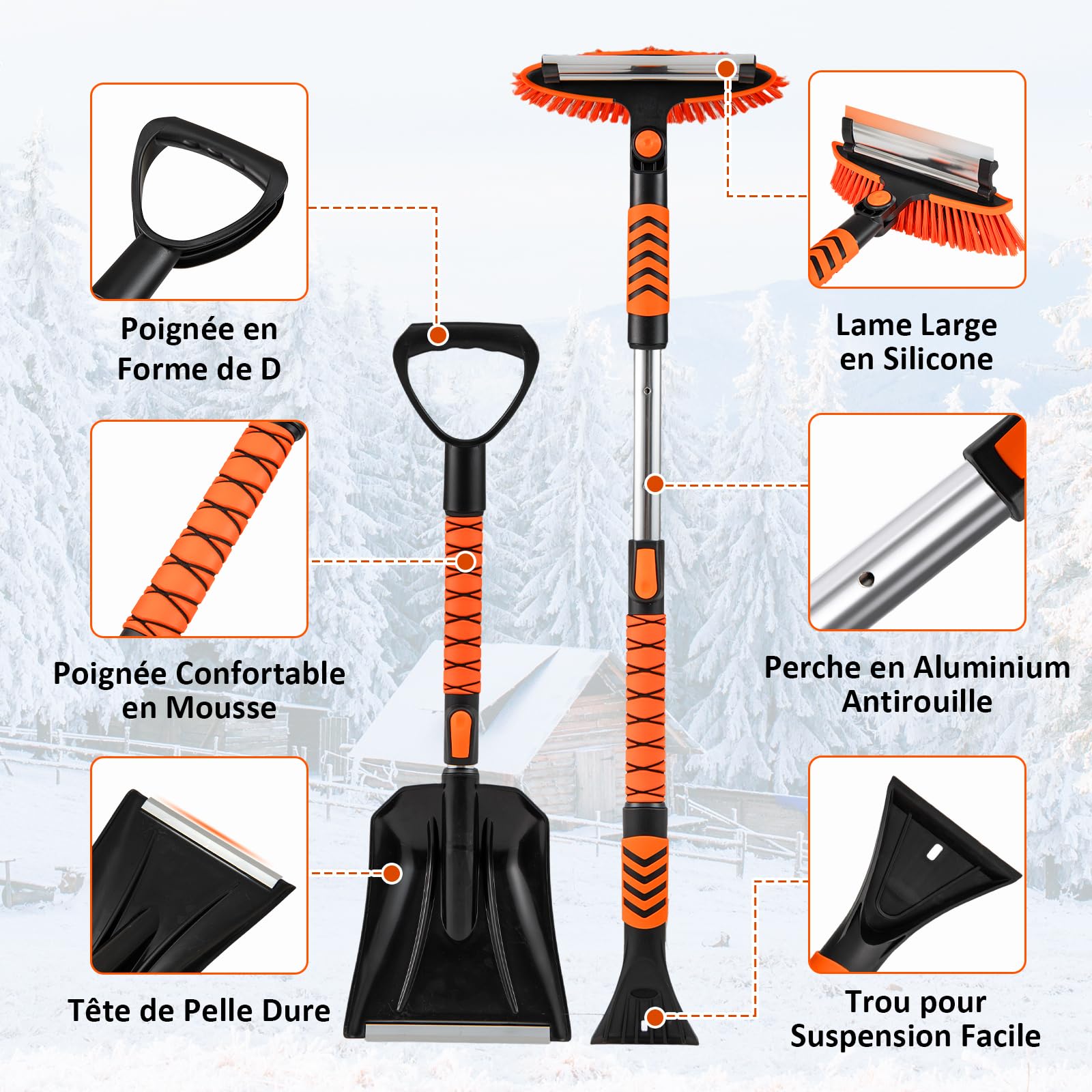 GOPLUS 4 in 1 Pelle a Neige Extensible 80/100cm, Grattoir Pare Brise Voiture et Brosse Voiture Détachable 87/107cm, Tête Pivotante à 180°, Manche en Aluminium, Poignée Mousse, pour Camions, SUV