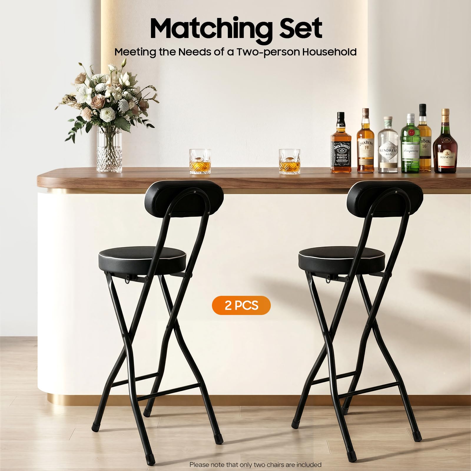 Klappbar Barhocker 2er Set mit Lehne Tragbarer Outdoor Barhocker HochstüHle Gepolsterter Barstuhl, Klappbarer Hocker für Bar, Küche, Balkon, Garten Sitzhöhe 65 cm (Schwarz)