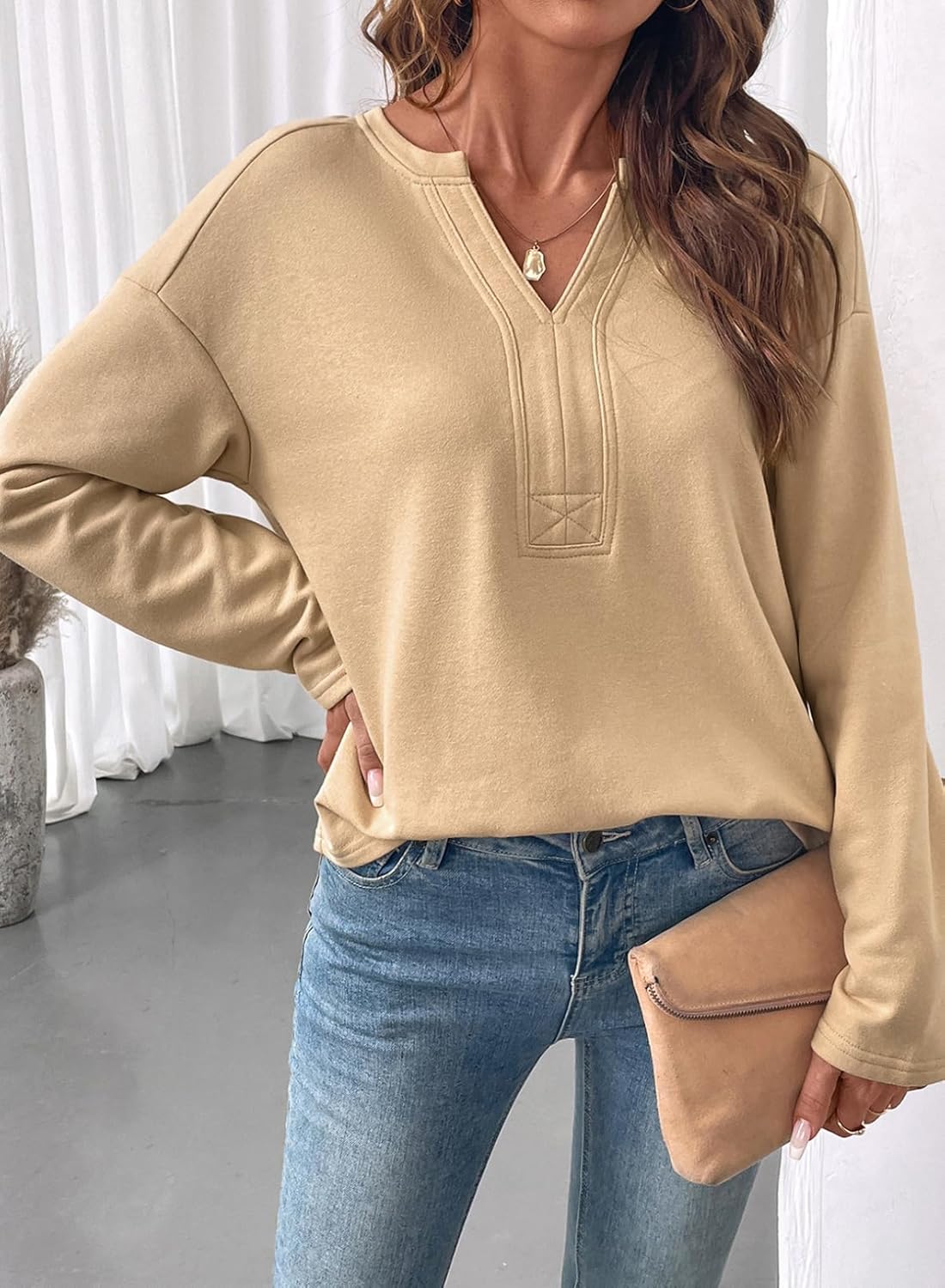 SHEWIN Womens Casual V Neck Sweatshirt Long Sleeve Lightweight Drop Shoulder Solid Pullover Tops - Image 9