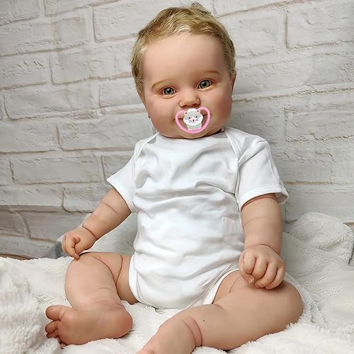 TERABITHIA 24 pulgadas de tamaño de bebé enorme enraizado a mano pelo rubio dulce sonrisa realista recién nacido muñecas de bebé recién nacido hora