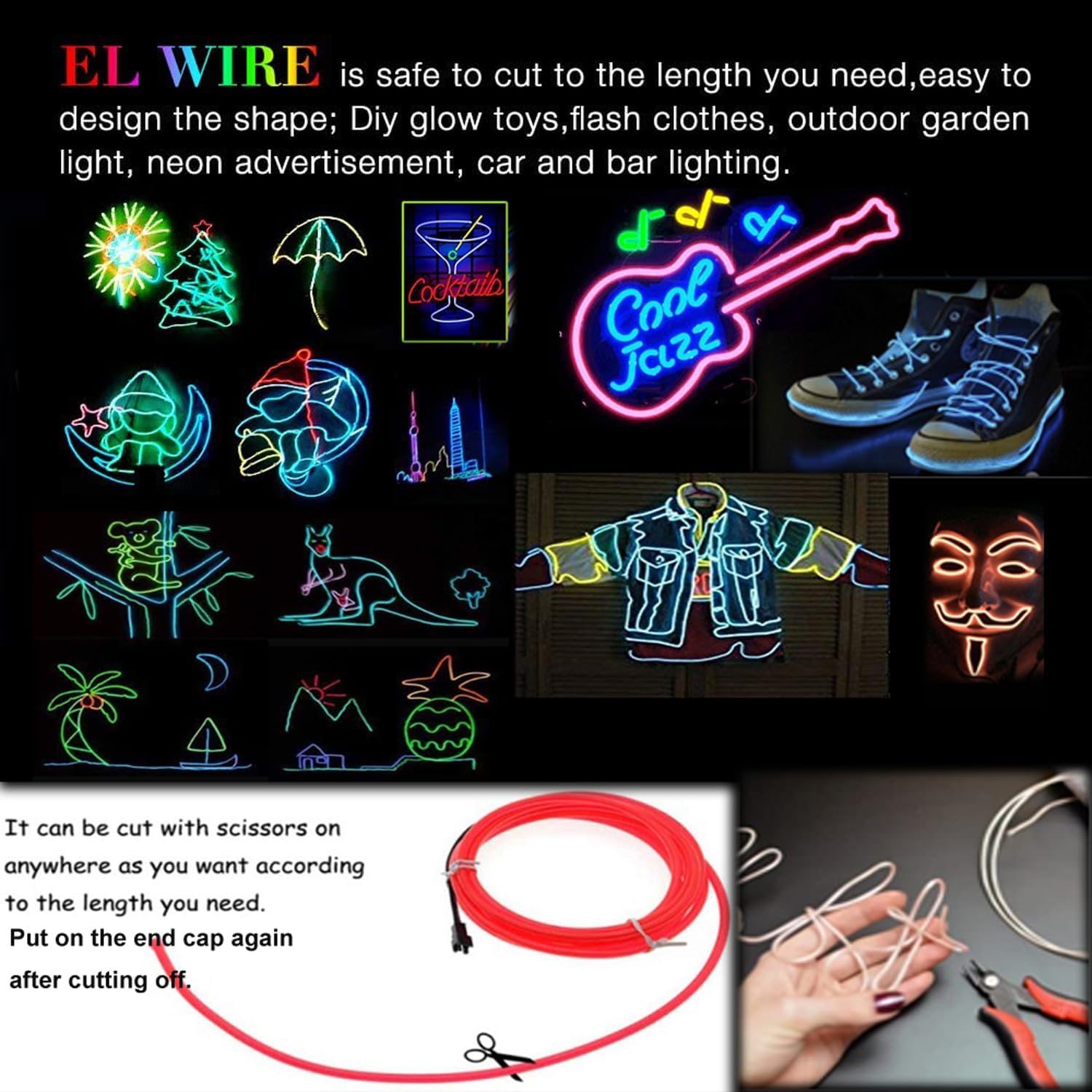 MaxLax EL Wire, Portable Neon Lights 8pack 5 in 1 Meter, Electroluminescent Wire for Birthday Decoration, Christmas Party,DIY Decoration
