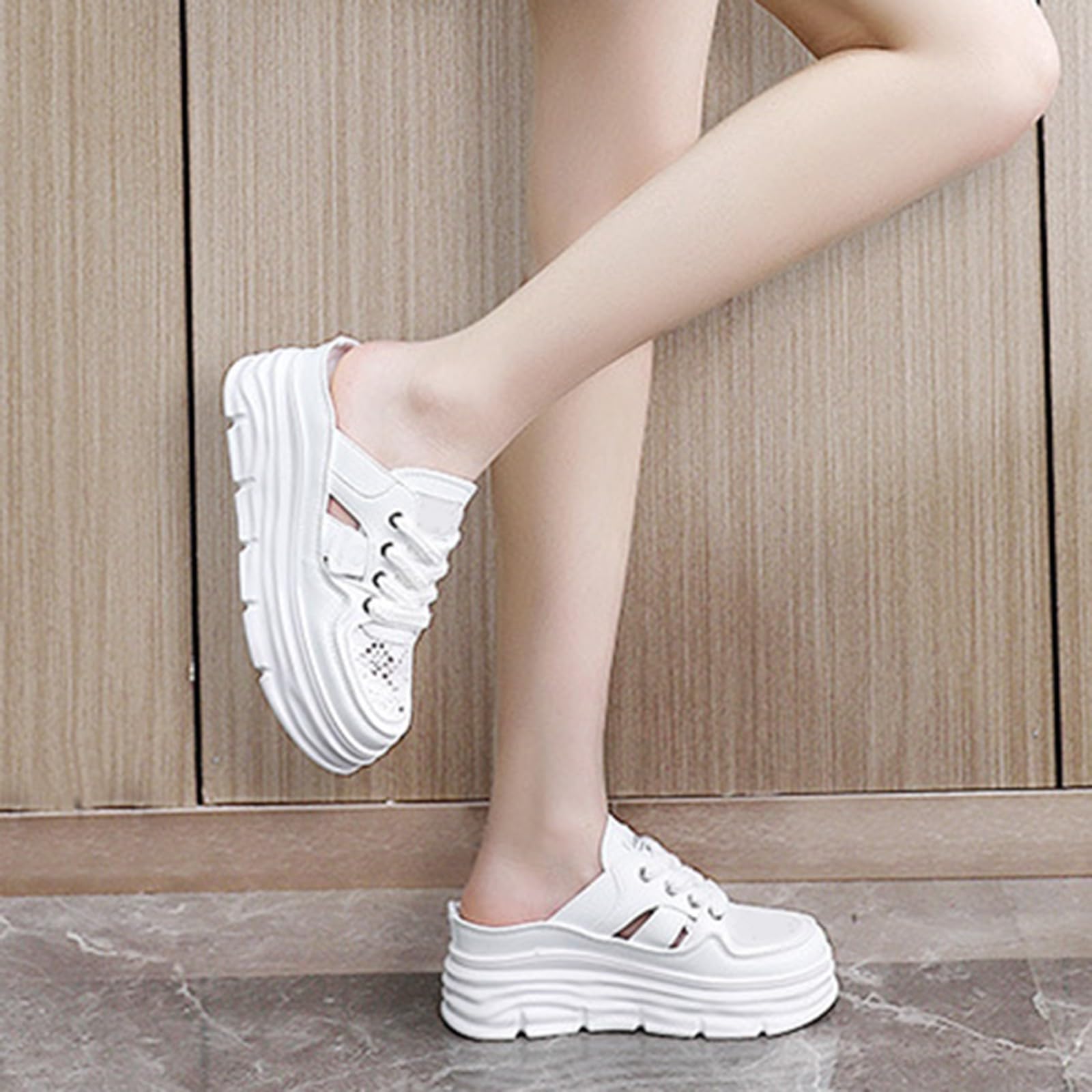 Generico Zapatillas de deporte mujer verano lona - Sandalias mujer cerradas delante y abiertas detrás sandalia plataforma con cordones zapatillas punta redonda patrón perforado zapatos ligeros y