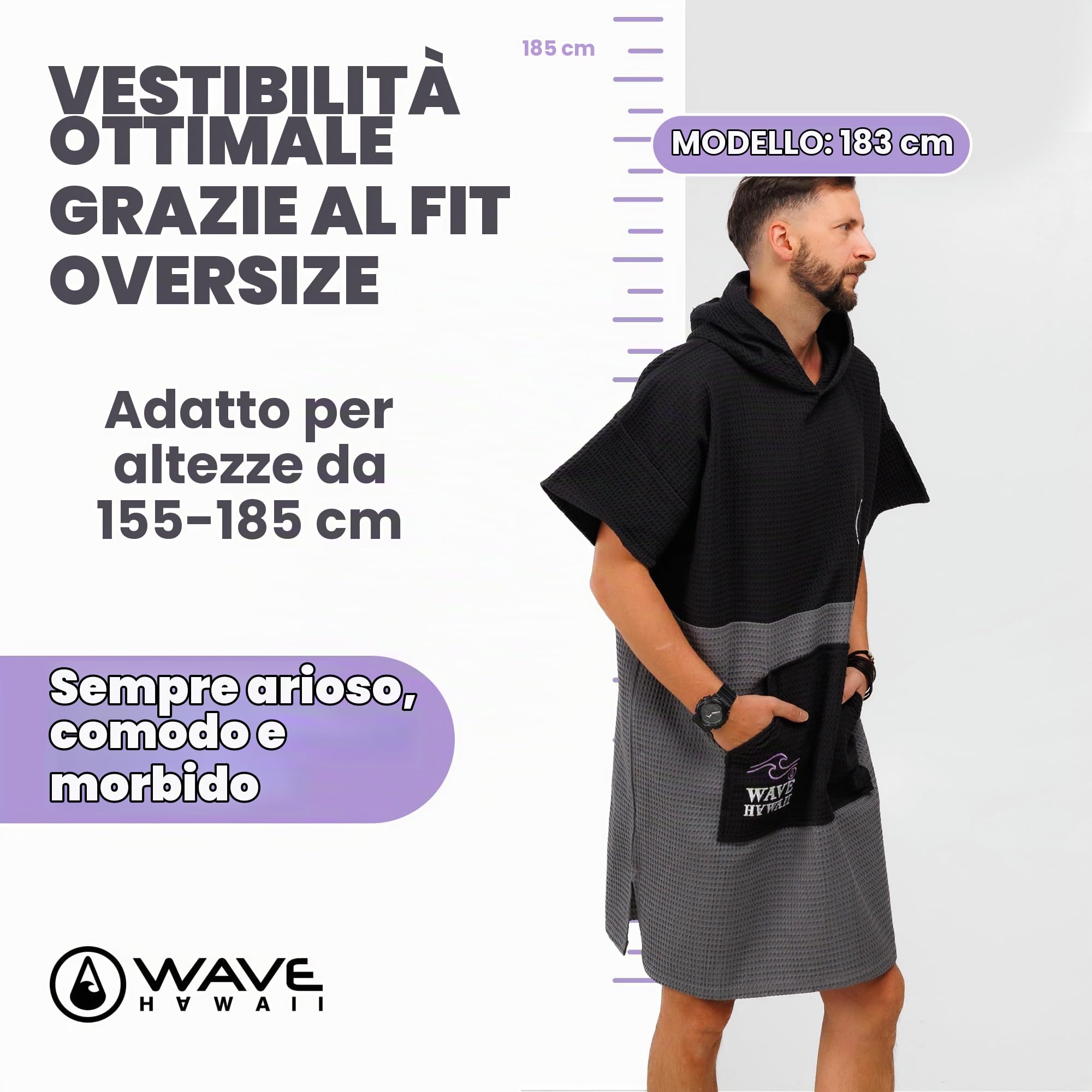 WAVE HAWAII Travel-Poncho da surf donna & uomo S-M, 151-183 cm