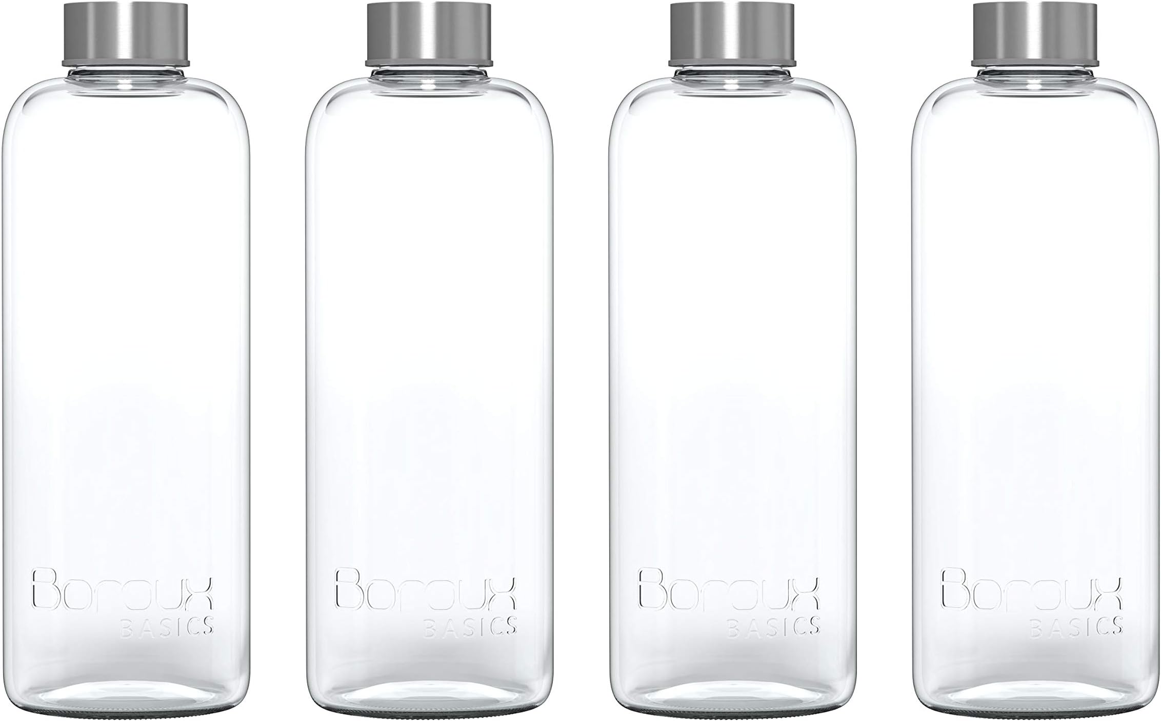 Basics 1 Liter Reusable Glass Water Bottles BPA/BPS Chemical Free, Premium Soda Lime Glass, 4 Pack of Reusable Drinking Bottles, Leak Proof Stainless Steel Cap. Great for Water, Juice,Kombucha