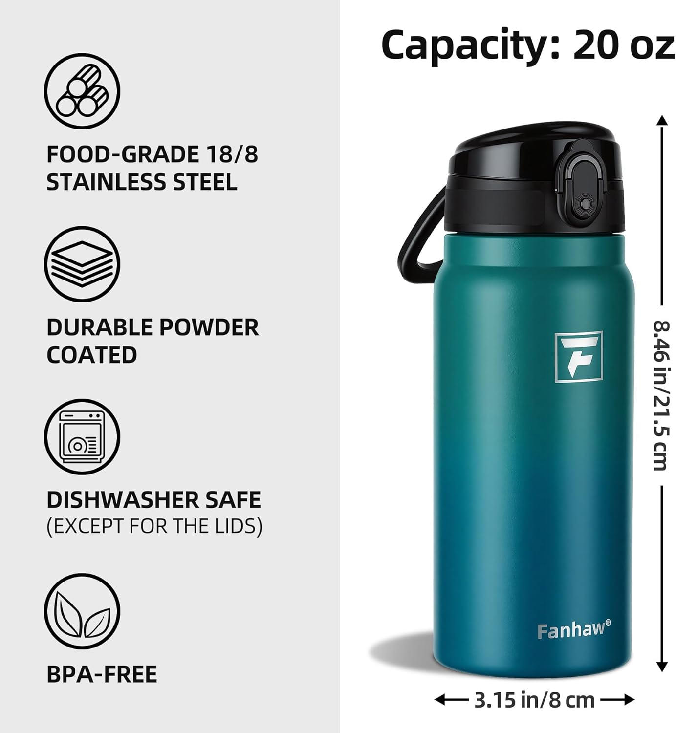 Fanhaw 20 Oz Insulated Stainless Steel Water Bottle with Chug Lid – Wide Mouth, Leak-Proof, BPA-Free – Ideal for Kids, Adults, Sports, Gym, and Outdoor Use (Green Blue) - Image 2
