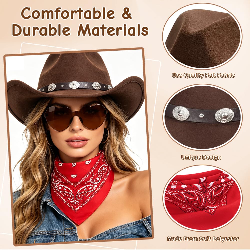 Sombrero Vaquera 3 Piezas Sombrero de Vaquero Accesorios Sombreros Vaquero del Oeste Traje Sombreros Vaquera con Pañuelo Cuadrado y Gafas para Vacaciones Fiestas Temáticas — view 6