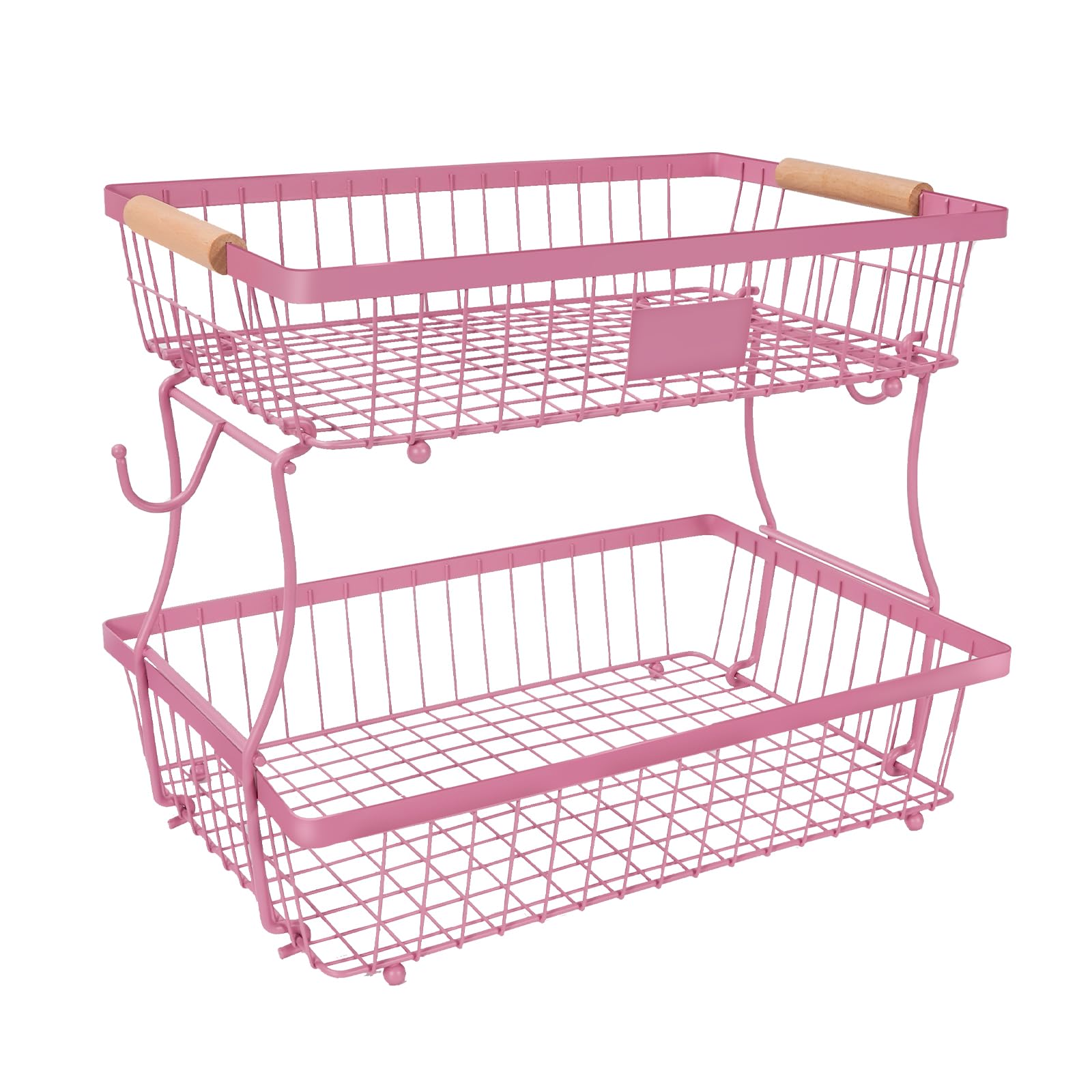 Obstkorb, Schüssel, 2 Etagen, abnehmbar, mit 2 Bananenaufhängern, Obstständer für Küchenarbeitsplatte, Metalldraht, Gemüseaufbewahrung, Organizer, für Brot, Snacks, Gemüse, Rosa