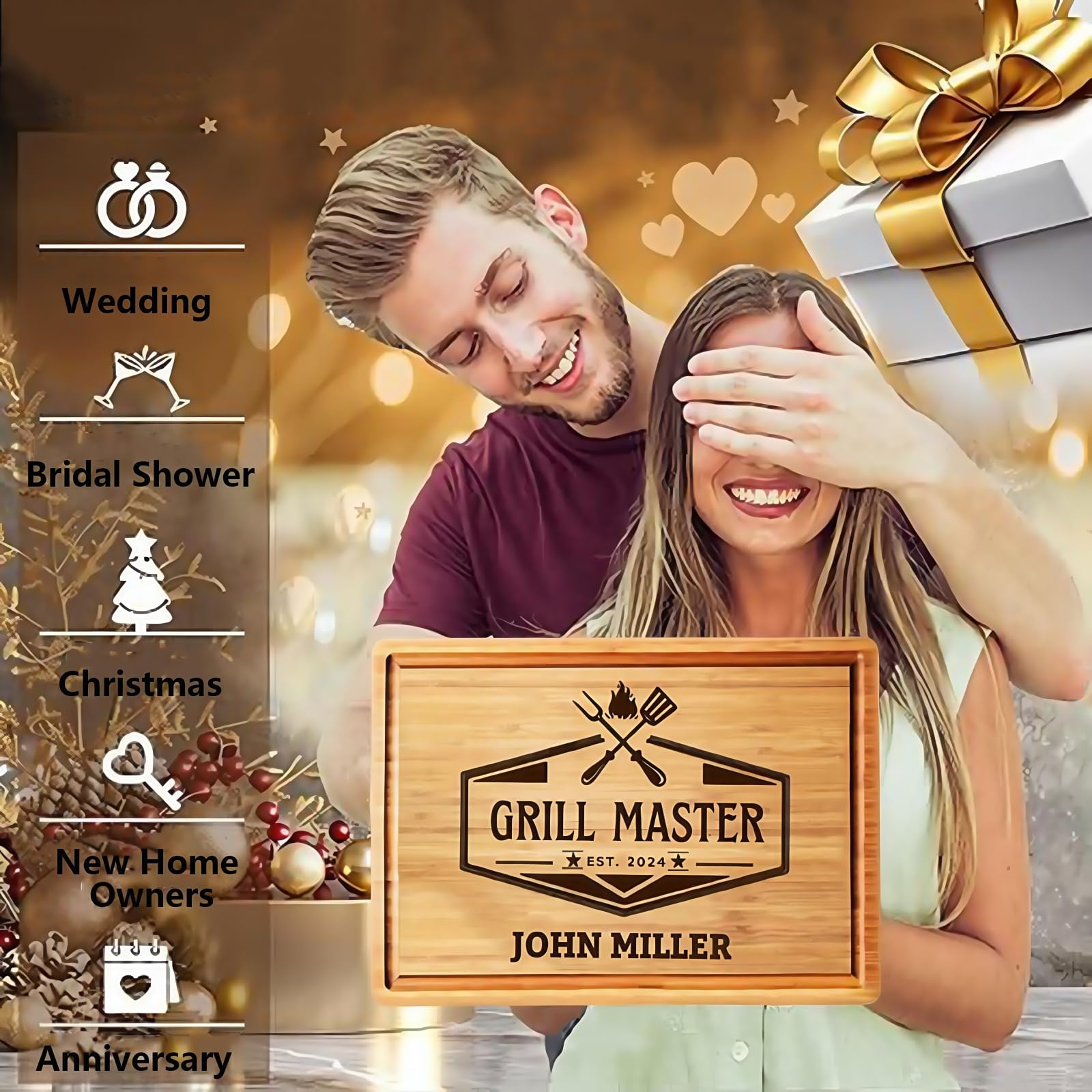 Tabla de Cortar de Bambú Personalizada con Grabado, Vertedor y Asa Lateral – Ideal Para Bodas, Despedidas, Compromisos, Aniversarios O Regalo de Inauguración