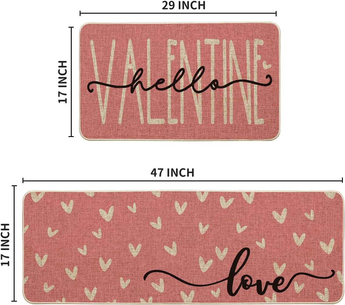 Artoid Mode Pink Love Heart Hello Valentine's Kitchen Mats Set of 2, Home Decor Low-Profile Kitchen Rugs for Floor - 17x29 and 17x47 Inch