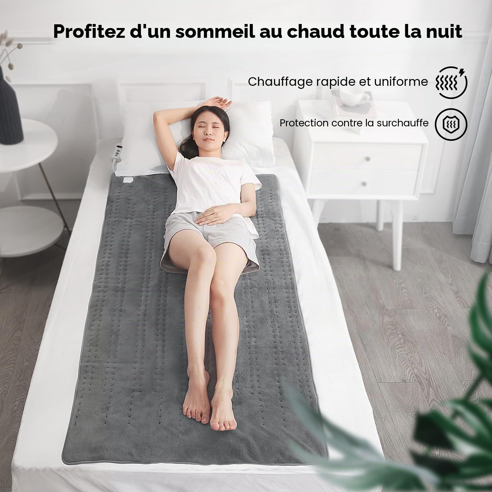 Couverture Chauffante 150 x 80 cm, Chauffe-lit Électrique avec 10 Niveaux de Température et Arrêt Automatique de 1 à 9 Heures, Fixation Facile sur le Lit et Le Matelas, Lavable en Machine