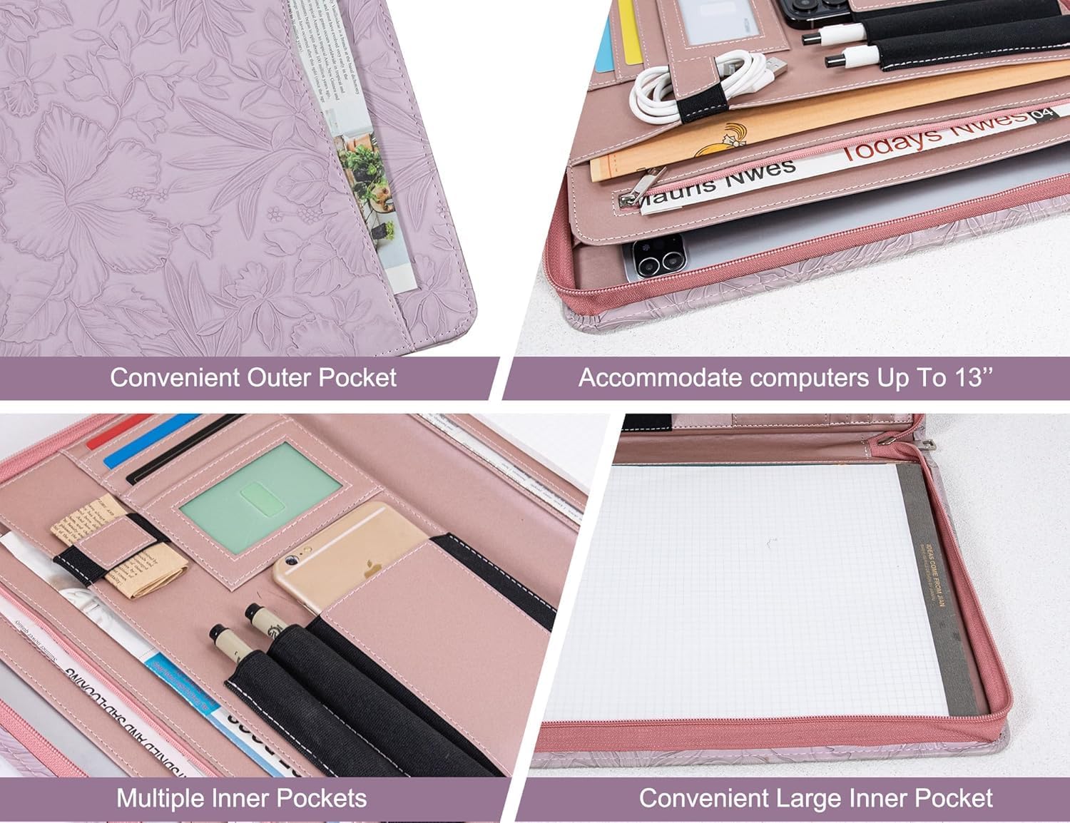 Embossed PU Leather Portfolio for Women,Professional Organize 3-Ring Padfolio with A4 Notepad Holder,Professional Business Document Organizer for Women (Purple)