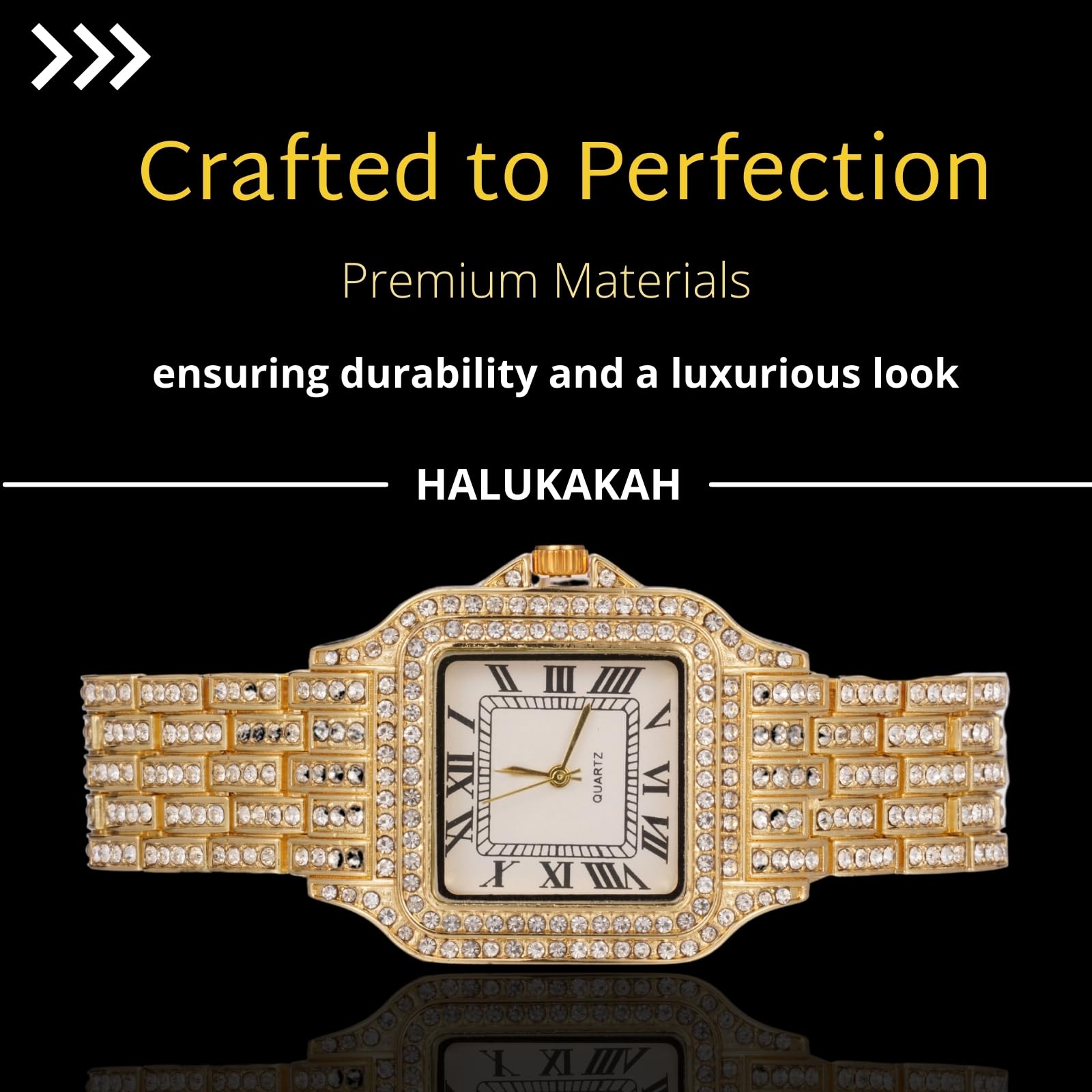Halukakah Zegarek z diamentami Iced Out dla chłopców, nastolatków, dzieci - pozłacany 18-karatowym złotem/platyną, kwadratowa tarcza 31 mm, japoński kwarc - długość 20,5 cm, opcjonalnie z łańcuchem