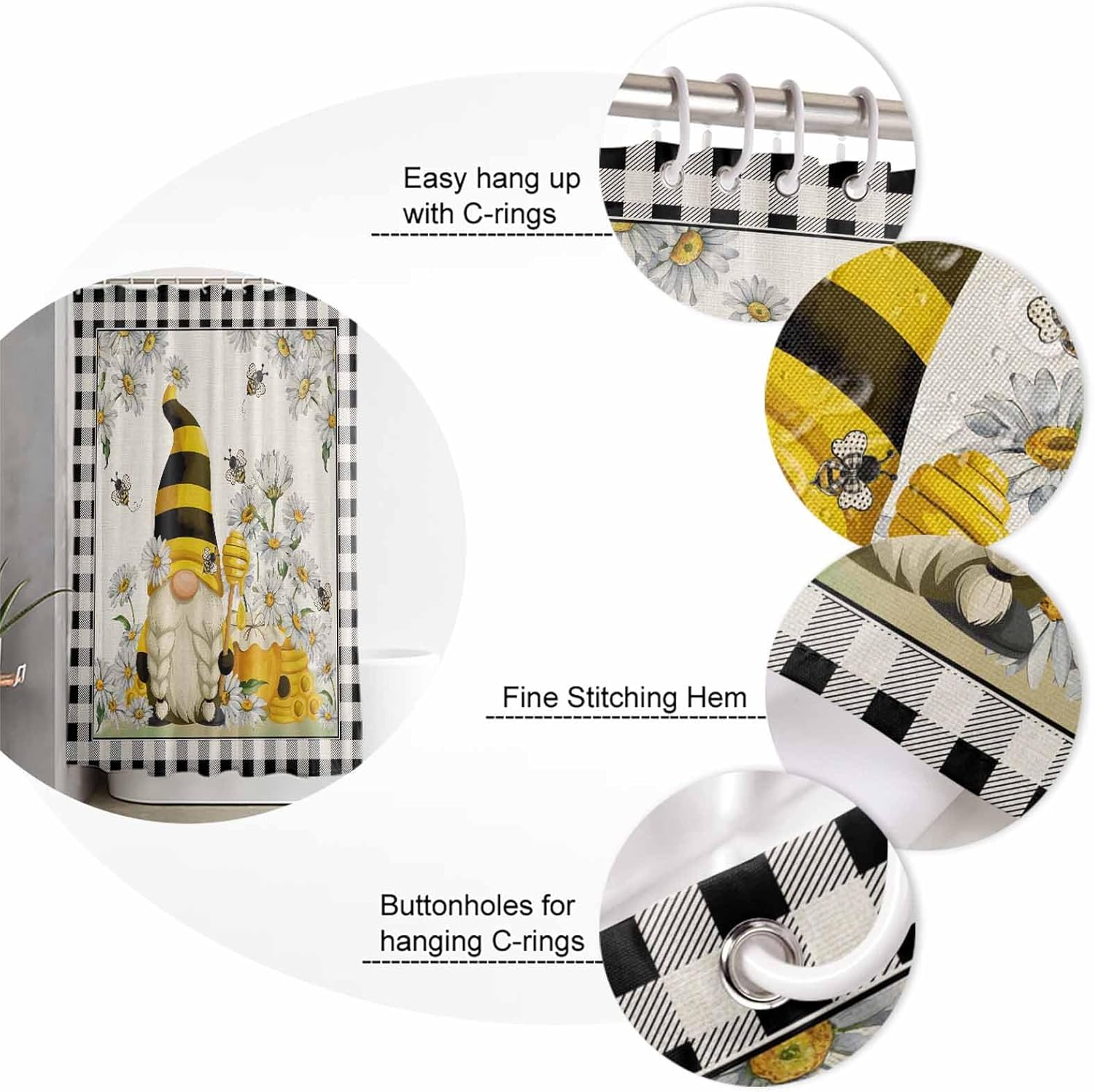 Decorative Shower Curtain Polyester Fabric Bathroom Accessories Spring Summer Bee Gnome Farmhouse Honey Daisy Flower Black White Buffalo Plaid Machine Washable Curtain 54x78 Inch for Home Hotel