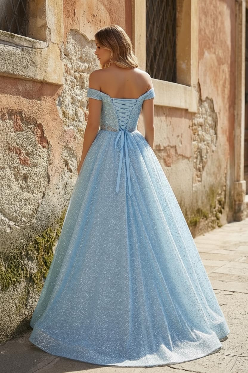 Glitter Tulle Prom Dresses Sparkly A Line Off Shoulder V Neck Pleated Evening Party Gown