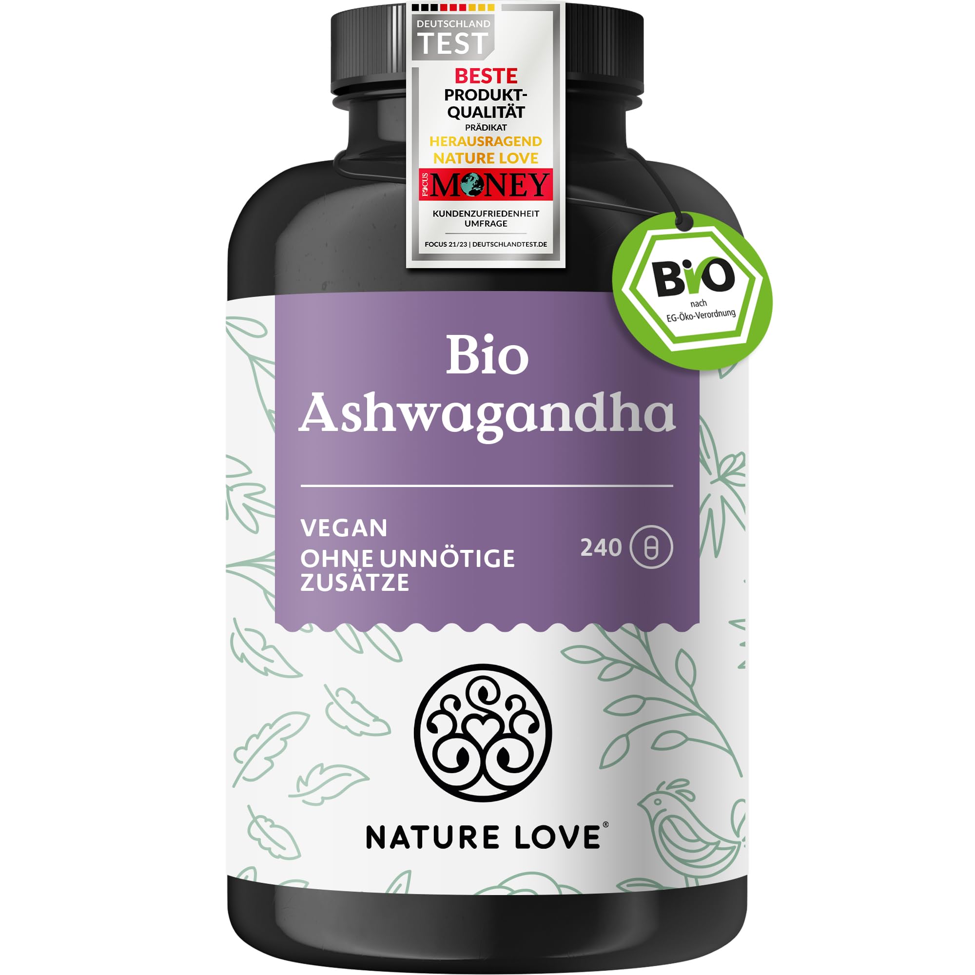 NATURE LOVE Bio Ashwagandha – 240 Kapseln, hochdosiert (1950 mg pro Tagesdosis)