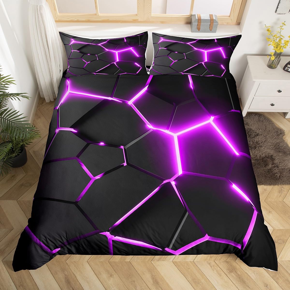 Loussiesd Geometric Effects 3D Duvet Cover King Modern Hexagonal Ribbon Honeycomb Bedding Set Neon Polygonal Patterns Duvet Cover Violet Black