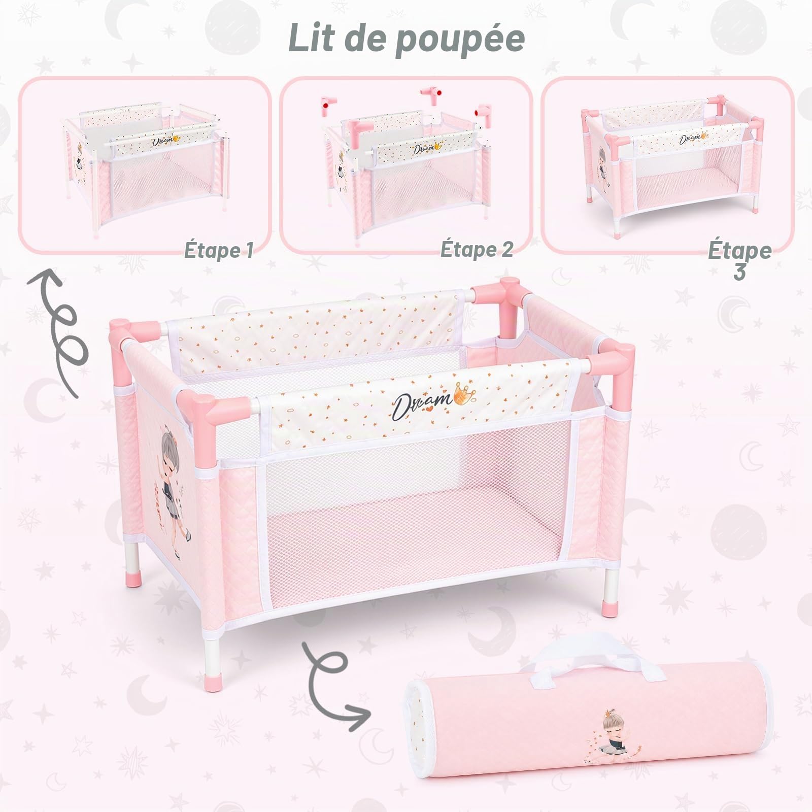 deAO Coffret Poussette Poupée avec Berceau, Tapis de Jeu, Sacs de Voyage