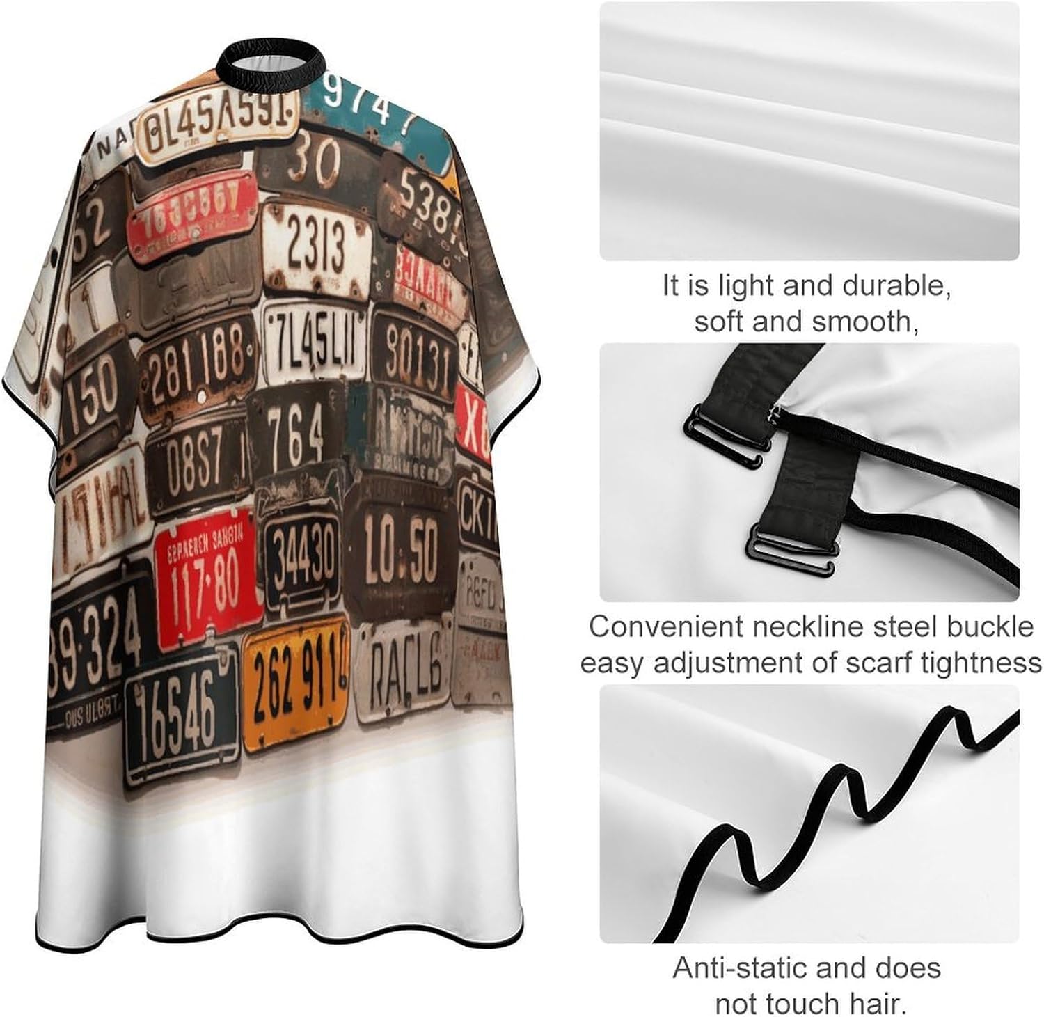 Old License Plate Apron for Women Men,Barber Cape with Adjustable Snap Closure,Hair Cutting Cape,66.9 X 56.7 Inches for Hair Dye, Comb-out, Styling, Shampoo