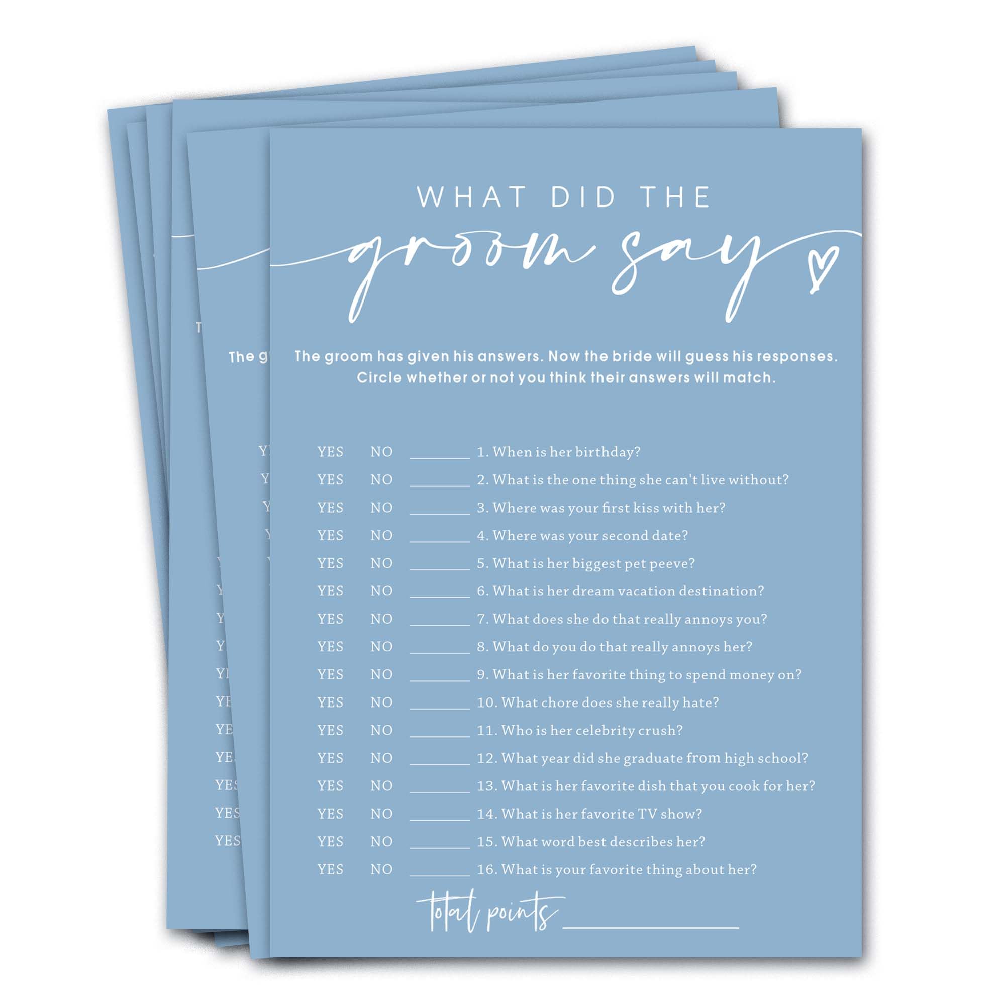 Bridal Shower Games Cards, What Did The Groom Say, Bridal Shower Games 25 Guests, Engagement Party Wedding Games for Guests, Minimalist Blue Wedding Party Supplies - B12