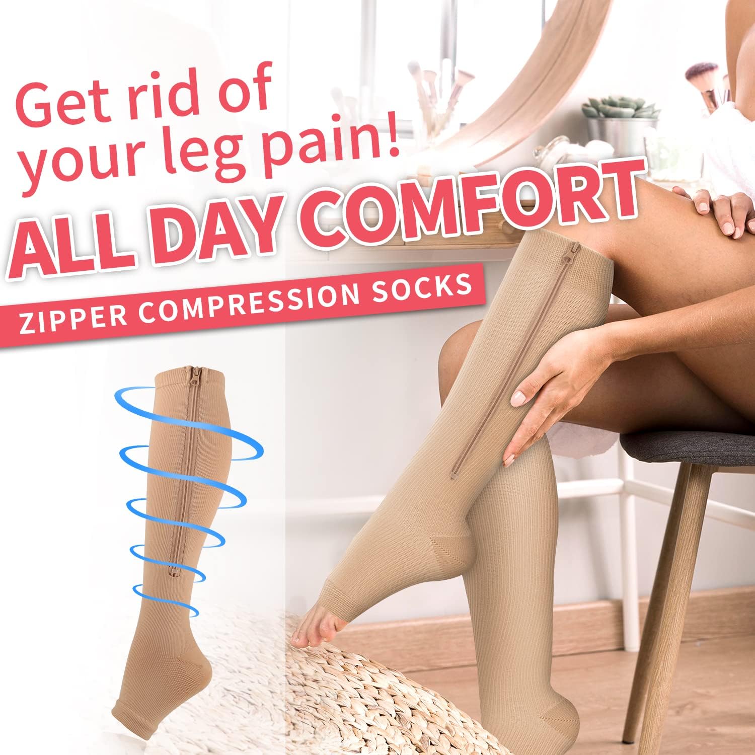 Bluemaple Zipper Compression Socks-3Pairs Calf Knee High Open Toe Compression Stocking with zipper