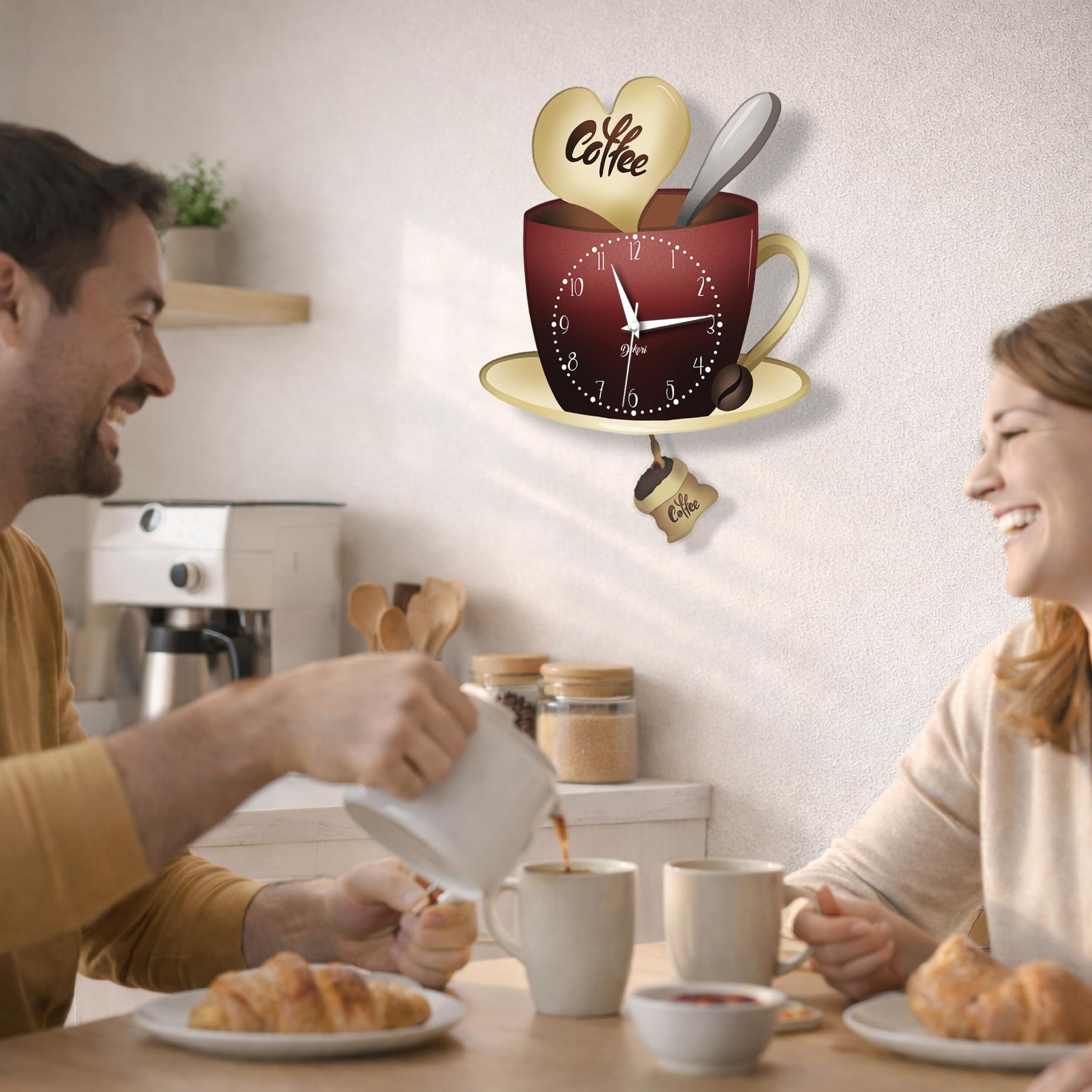 DEKORI Horloge Cuisine Tasse à Café avec Pendule – Horloge Murale Silencieuse Design Italien en Bois – Décoration Cuisine Moderne