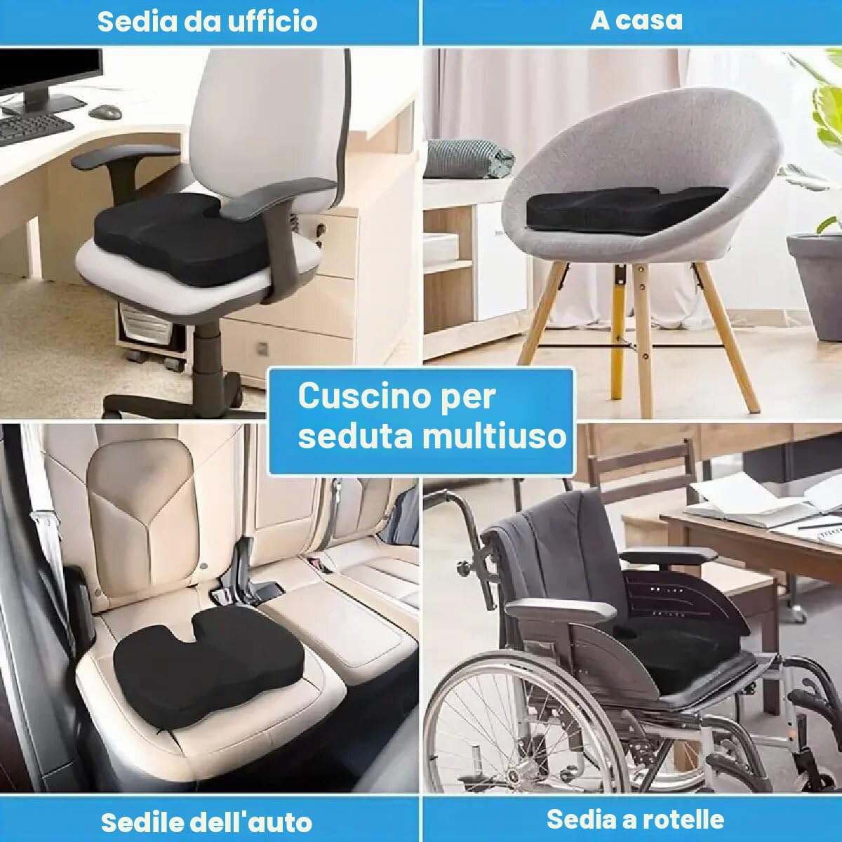 Cuscino Ortopedico per Sedile, Cuscino per Coccige in Memory Foam di Alta Qualità, Cuscino Ergonomico, Sollievo per Coccige e Sciatica, per Auto, Divano, Ufficio e Sedia a Rotelle (Nero)