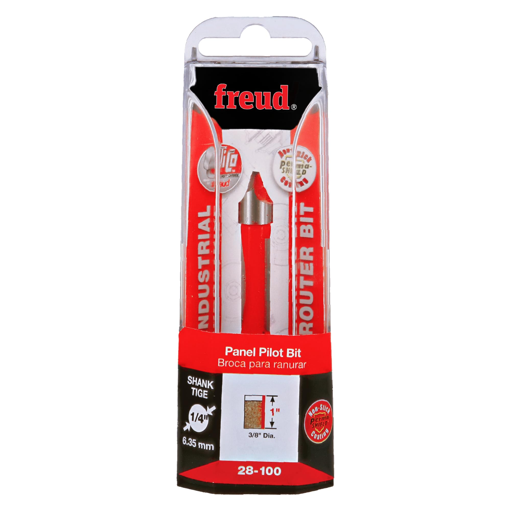 Freud 28-100 3/8 cala średnica podwójny panel fletu pilot wiertło frez z trzpieniem 1/4 cala, powłoka Perma-Shield czerwona, opakowanie 1 szt.