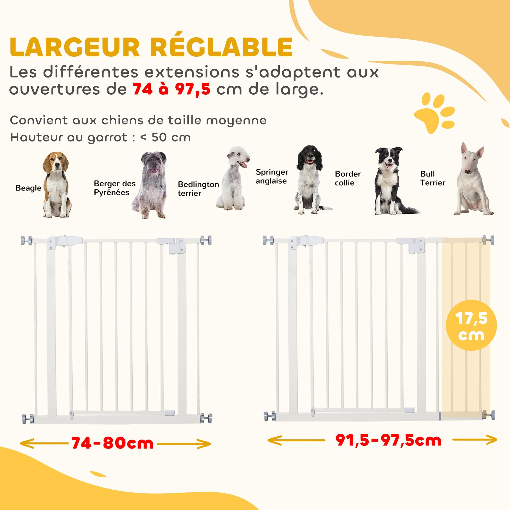 PawHut Barrière de sécurité sans perçage largueur réglable 74-80/91,5-97,5 cm Double Verrouillage Fermeture Automatique barrière Chien pour Porte Couloir escalier Acier Blanc