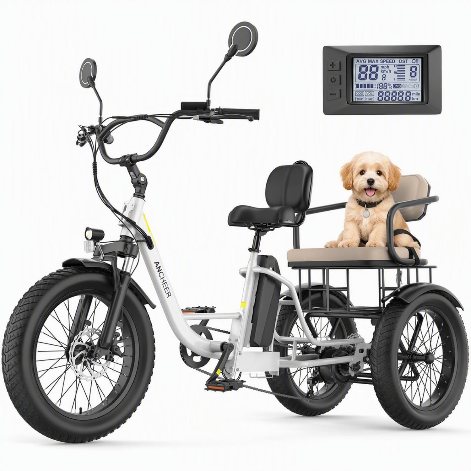 ANCHEER Electric Tricycle for Adults, 20" Fat Tire Electric Trike, 15.5MPH 3 Wheel Electric Bike for 60+ Seniors, 864Wh Removable Battery, 80N.M, LCD, Rear Differential, Rear Seat Basket