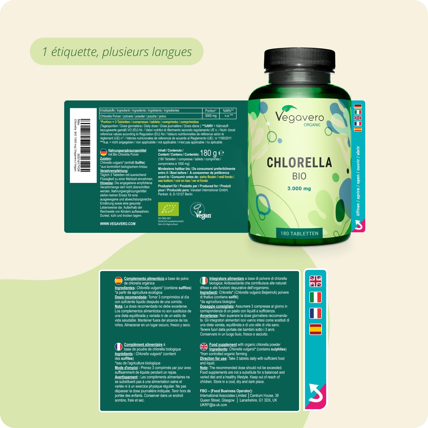 Chlorella BIO - 3000 mg | Sans Additifs & Vegan | Source de Vitamines, Minéraux et Protéines | 180 Comprimés | Vegavero®