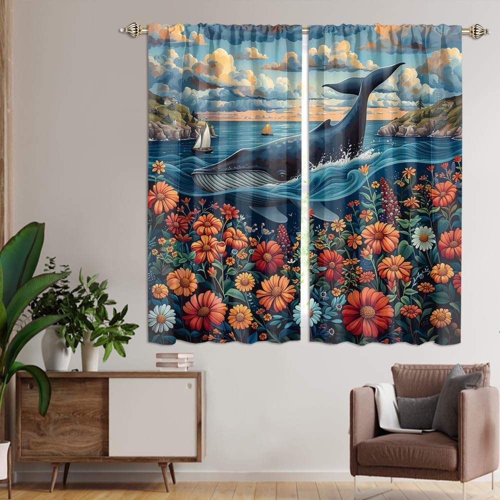 Modern Oil Painting Floral Whale Blackout Curtains,Rustic Spring Daisy Nautical Theme Animal Whale Window Treatments Rod Pocket Room Darkening Blackout Curtains for Bedroom-2 Panels 54"L x 21"W