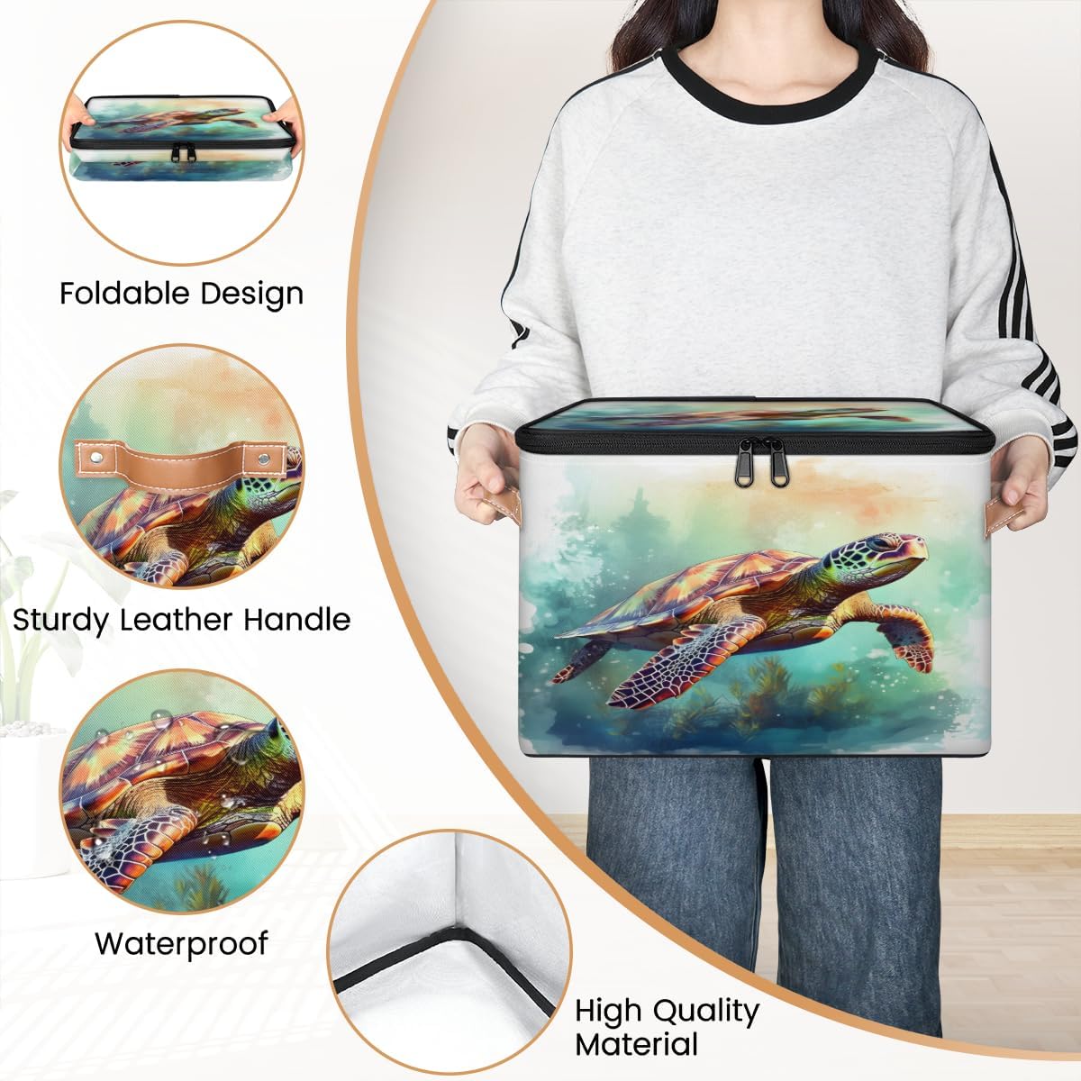 Storage Bin Set of 2 Watercolor Turtle Storage Basket with Zipper Lid & Handle Foldable Closet Shelf 2 Pack Cloth Organizer Basket Cube Bins Clothes Organizer for Nursery, Bedroom