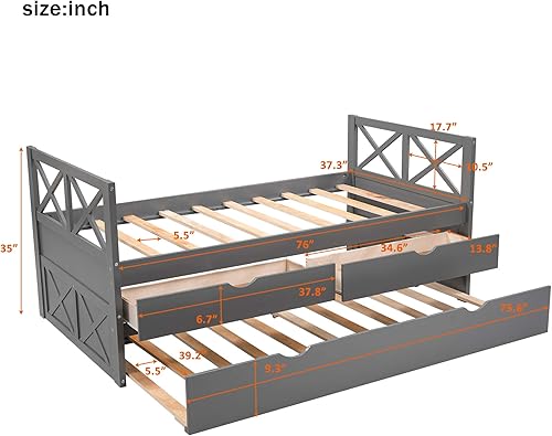 Miniatura 2 de LZ LEISURE ZONE Sofá cama de tamaño individual, sofá cama individual de madera con nido y cajones, marco de cama de capitán, color gris