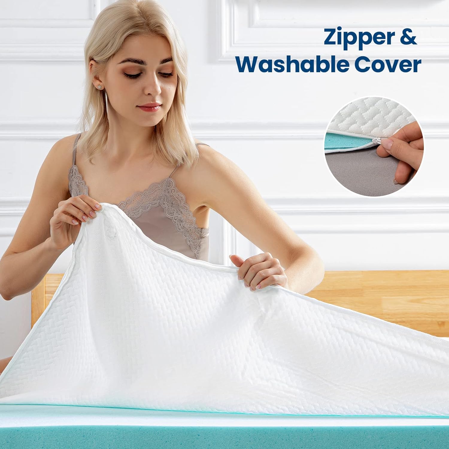 IMOOY 3 Inch Cool Gel Memory Foam Mattress Topper Full Size,High Density Ventilated Mattress Pad and Removable Bamboo-Rayon Cover,10 Year Warranty