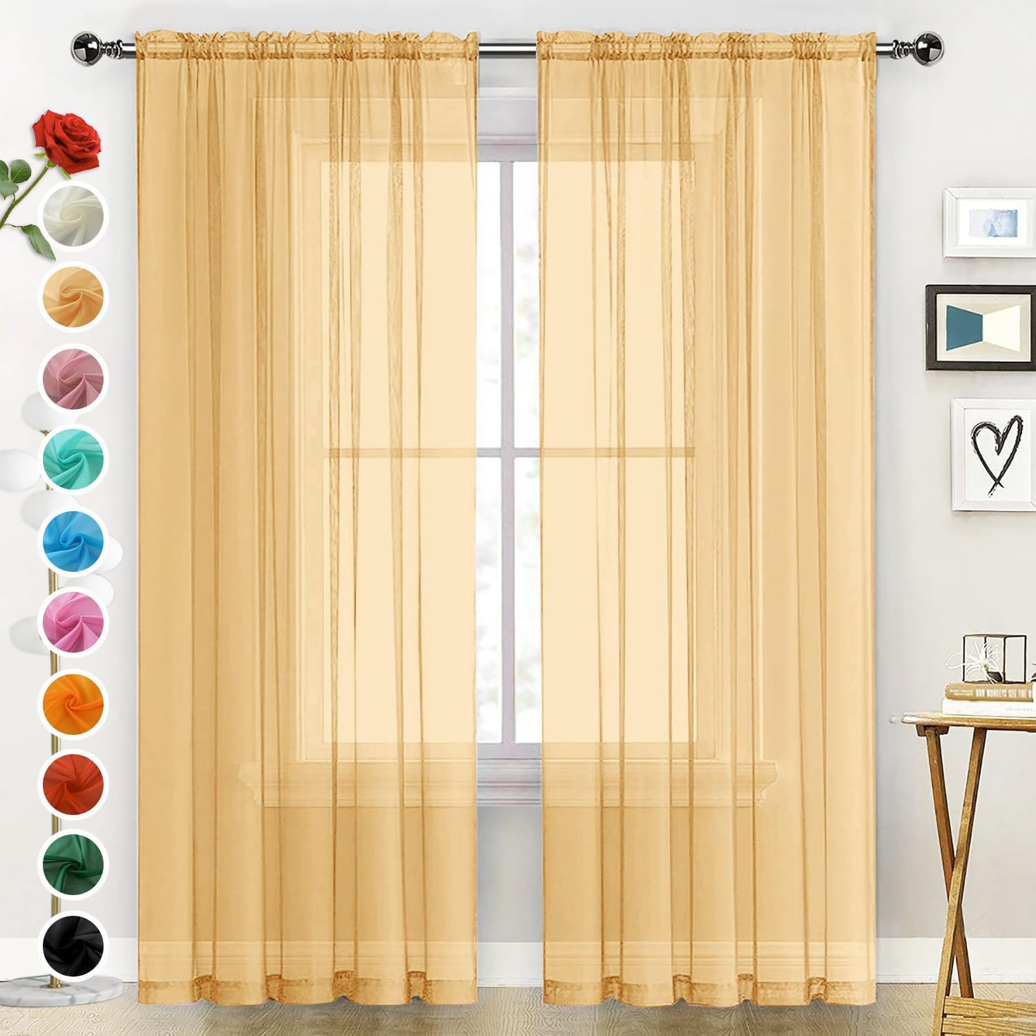 SpaceDresser Sheer Voile Window Treatment Rod Pocket Curtain Panels for Kitchen Bedroom Living Room Drapes Sunlight Filtering Privacy Semi Home Decor Assorted (Beige, 52 W x 54 L) โ image 1