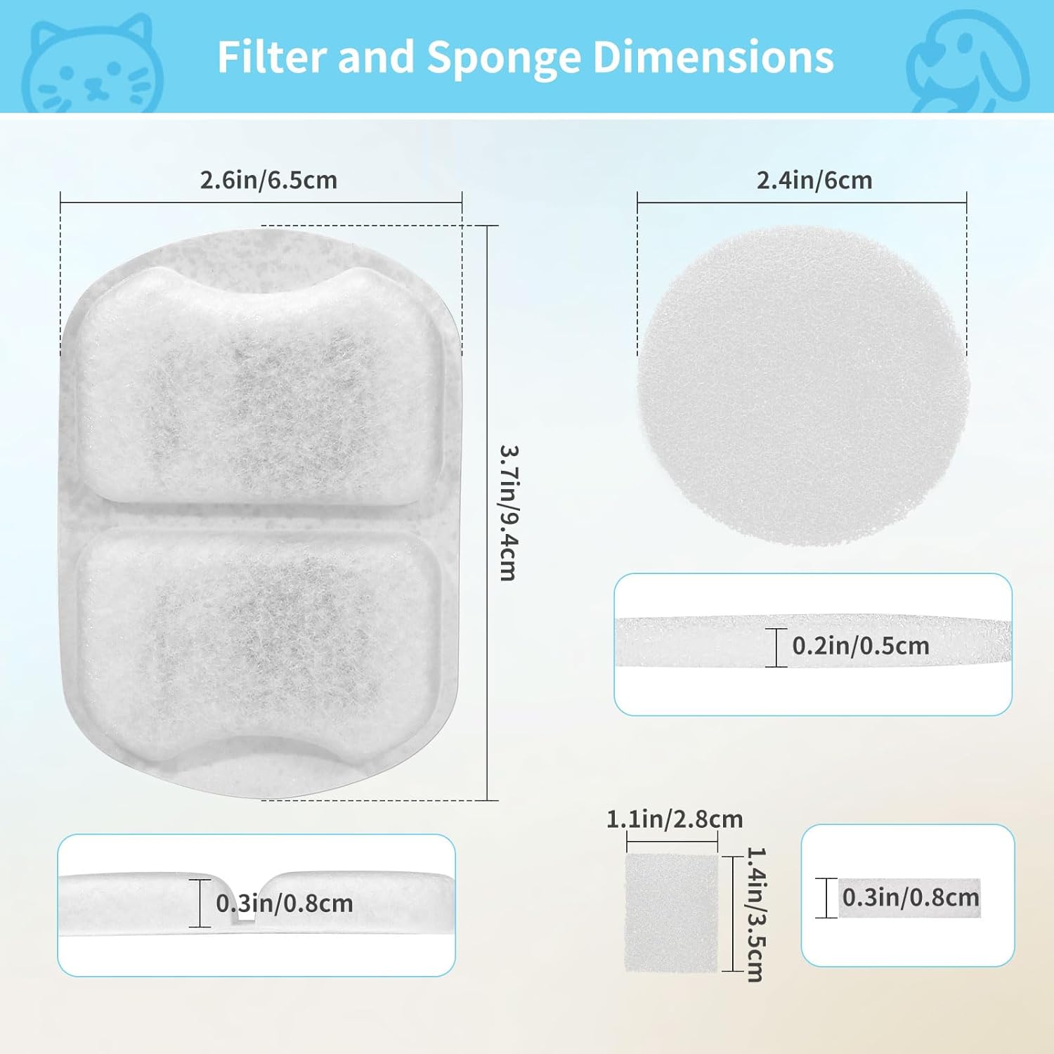 16 Set Dog Fountain Filter Replacement for 7L/230oz/1.8G Stainless Steel Dog Water Dispenser, YOIHABV Cat Fountain Filters, Triple Filtration Pet Water Filter, Replacement Filters and Sponges - Image 7