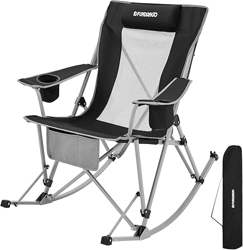 Miniatura 8 de FUNDANGO Silla mecedora de camping de gran tamaño para adultos, sillas de césped plegables portátiles para exteriores con almohadas, reposabrazos