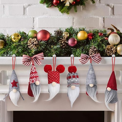 Miniatura 5 de D-FantiX Juego de 6 adornos de Navidad de gnomo, hechos a mano, gnomos suecos Tomte, adornos decorativos de felpa para colgar en el árbol,