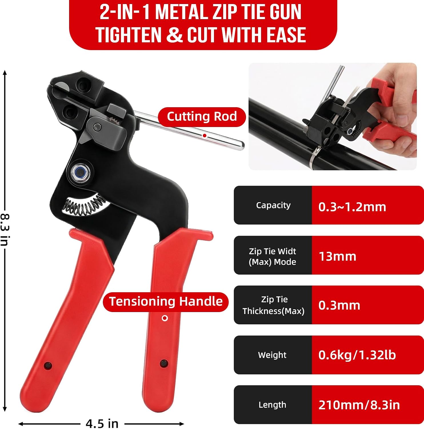Metal Zip Ties Gun Set, Cable Tie Gun with 200Pcs Self-Locking Stainless Steel Ties, Heavy Duty Zip Tie Tool Kit for Chain Link Fence, Exhaust Pipes, Automotive