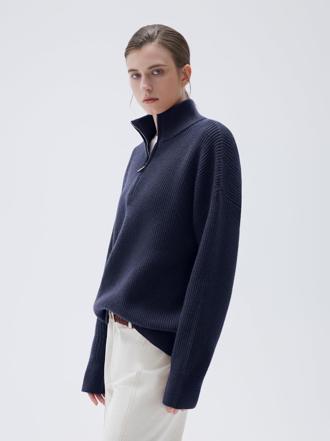 SUUKSESS Women Cashmere Blend Oversized Quarter Zip Pullover Sweater Long Sleeve Collared Ribbed Knit Jumper Tops - Image 3