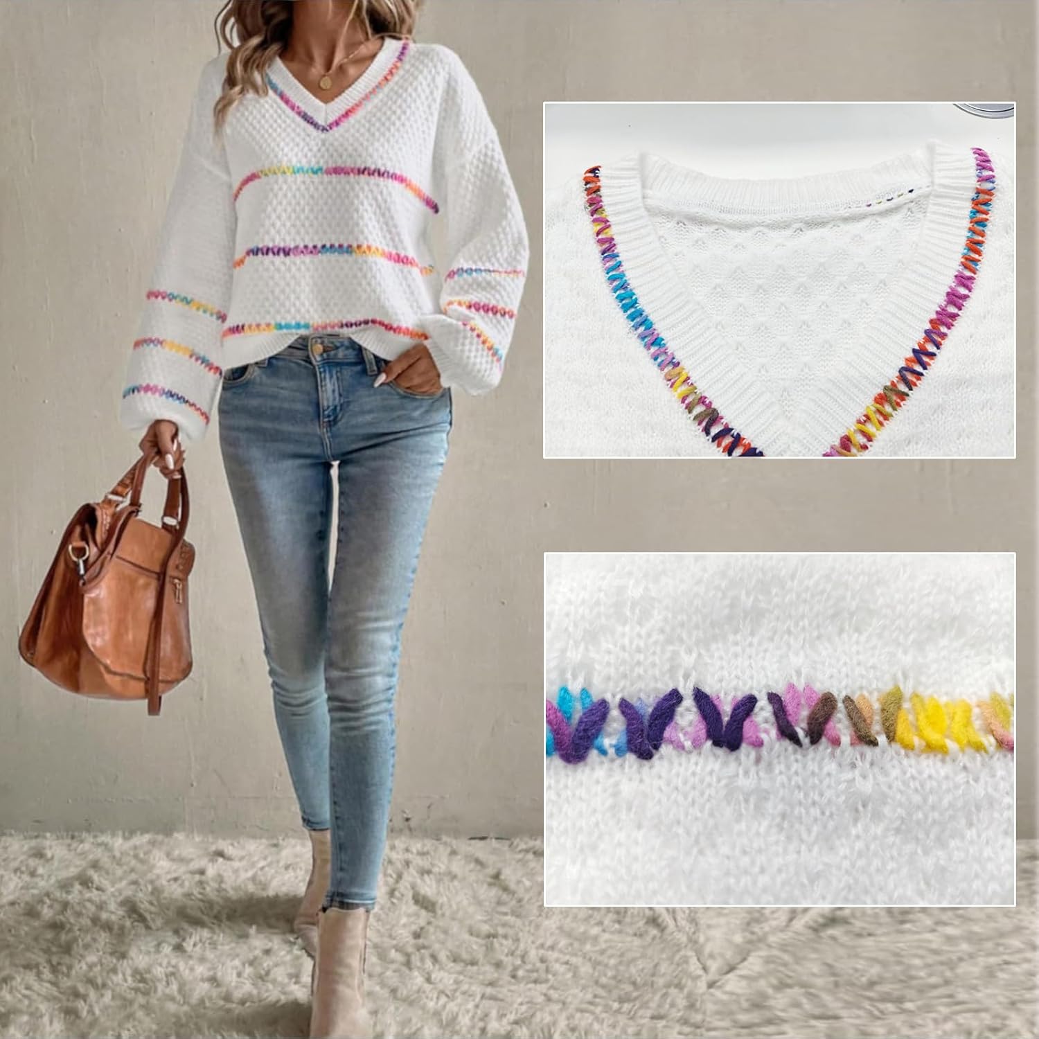 Bi&Yamigeo Oversized Colorful Striped Sweater for Women Fall Loose Knitted V-Neck Long Sleeve Drop Shoulder Pullover Tops - Image 2